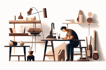 Poster - A Man Working On A Piece Of Wood In A Workshop With A Hammer Workshop Paper Cutting Woodworking Generative AI 