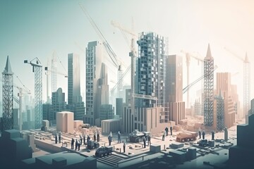 Poster - A City With Lots Of Tall Buildings And Cranes In The Background Modern Urban Skyline Animation Construction Management Generative AI 
