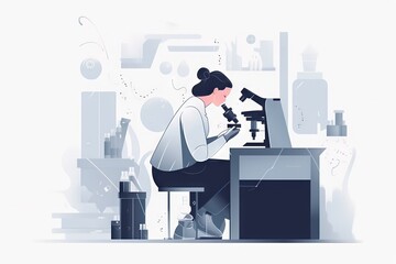 Poster - A Woman Looking Through A Microscope At Something In The Distance With A Microscope In Her Hand Factory Animation Science Writing Generative AI 
