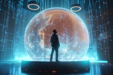 Fototapete - A Man Standing In Front Of A Giant Object In A Room Lunar Landscape Animation Data Analytics Generative AI 