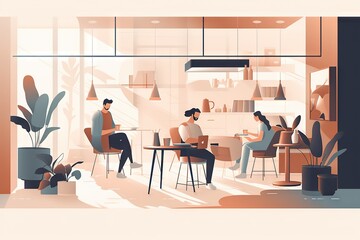 Poster - A Couple Of People Sitting At A Table In A Room With Plants Coffee Shop Paper Cutting Print Design Generative AI 
