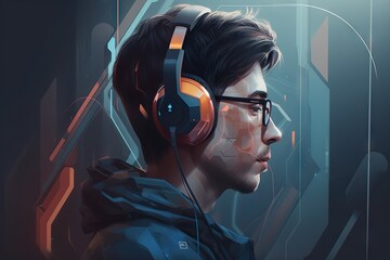 Poster - A Man Wearing Headphones And A Scarf With A Futuristic Background Arcade Digital Art Headphones Generative AI 