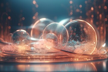 Poster - A Group Of Glass Balls Sitting On Top Of A Table Next To A Mirror Aquarium Animation Motion Graphics Generative AI 