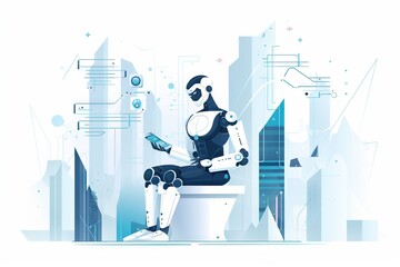 Poster - A Robot Sitting On A Toilet In A City With A Cell Phone Bathroom Advertising Photography Robotics Engineering Generative AI 