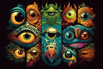 Poster - A Group Of Colorful Owls With Big Eyes And A Demon Like Face Skate Park Assemblage Vision Generative AI 