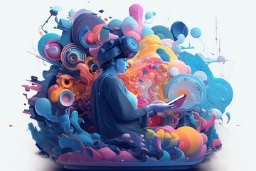 Poster - A Man Is Using A Laptop Surrounded By Colorful Objects And Shapes Workshop Digital Art Virtual Reality Generative AI 