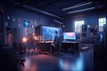 Poster - A Man Sitting At A Desk In Front Of A Computer Monitor Workshop Animation Computer Graphics Generative AI 