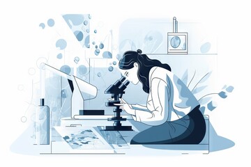 Poster - A Woman Looking Through A Microscope At Something In The Background With Bubbles Aquarium Lithography Science Writingillustration, olive, leaf, backgrounds, nature, bowl, crockery, decoration, appetiz
