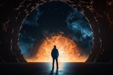 Poster - A Man Standing In Front Of A Large Fire Filled Tunnel With A Sky Background Lunar Landscape Panoramic Photography Astronomy Generative AI 
