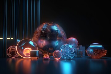 Poster - A Group Of Glass Balls And Other Objects On A Table With A Black Background Arcade Animation Motion Graphics Generative AI 