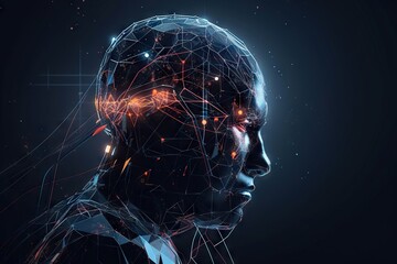 Poster - A Man's Head With Lines And Dots In The Shape Of A Human Head Science Museum Animation Neuroscience Generative AI 