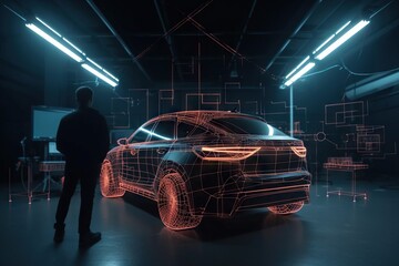 Poster - A Man Standing Next To A Car In A Dark Room With Neon Lines Car Repair Shop Advertising Photography Automotive Design Generative AI 