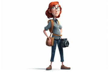 Poster - A Woman With A Camera And A Backpack Is Standing In Front Of A White Background Savanna Animation Animation Filmmaking Generative AI 