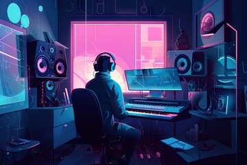 Poster - A Man Sitting In Front Of A Computer Keyboard In A Room Recording Studio Animation Music Production Generative AI 