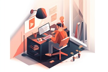 Poster - A Person Sitting At A Desk With A Computer On It And A Lamp On Workshop Graphic Design Infographic Design Generative AI 
