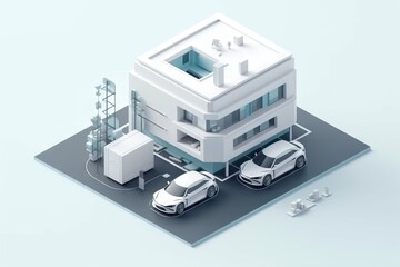 Poster - A White Building With Cars Parked In Front Of It And A Car Charging Station Car Dealership Animation Smart Homes Generative AI 