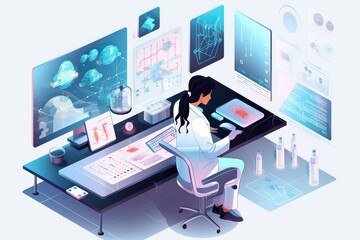 Poster - A Woman Sitting At A Desk With A Computer And A Monitor Water Treatment Plant Animation Science Writing Generative AI 