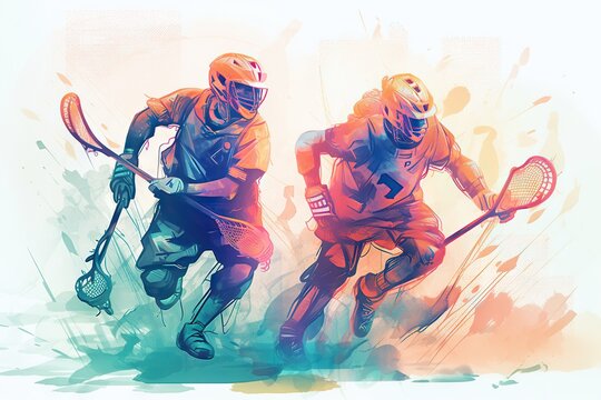 Two Men In Orange And Blue Uniforms Playing Lacrosse Together With A Splash Of Paint Sports Bar Digital Art Digital Illustration Generative AI 