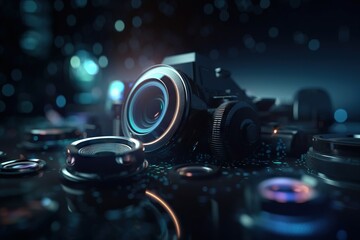 Poster - A Camera With A Lens And Some Other Objects Around It On A Table Factory Panoramic Photography Motion Graphics Generative AI 