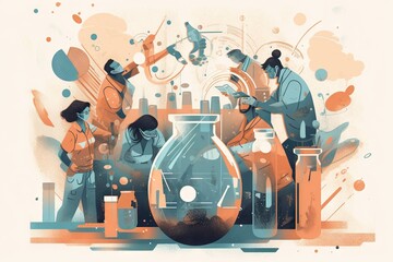 Poster - A Group Of People Standing Around A Vase Filled With Liquid And A Bird Workshop Animation Science Writing Generative AI 