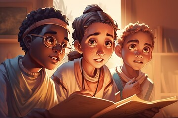 Poster - Three People Are Looking At A Book Together In A Cartoon Style Library Animation Literacy Education