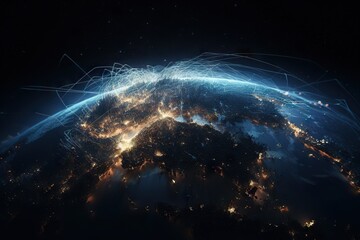 Fototapete - A View Of The Earth From Space At Night With Lights Of Cities And Lights Of Lights Modern City Skyline At Night Panoramic Photography Supply Chain Optimization