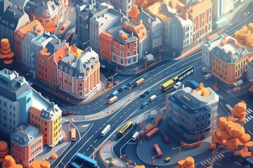 Poster - A City With A Lot Of Buildings And A Train On The Tracks European City Street At Sunrise Animation Motion Graphics Generative AI 