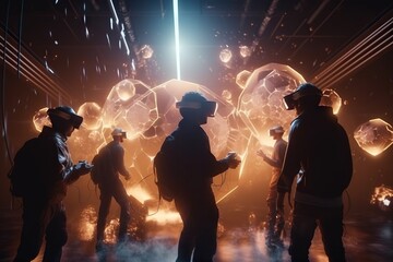 Fototapete - A Group Of People Standing Around A Room With Lights And Smoke Construction Site Renaissance Virtual Reality