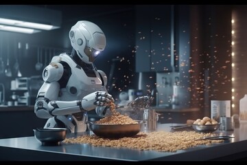 Poster - A Robot Is Preparing Food In A Kitchen With A Lot Of Grain Kitchen Animation Robotics Engineering Generative AI 
