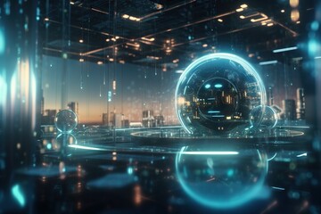 Poster - a futuristic city with a large glass ball in the center of the room factory animation motion graphic