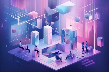 Poster - A Group Of People Standing Around A Building With A Neon Background Conference Room Animation Motion Graphics Generative AI 