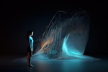Poster - A Woman Standing In Front Of A Computer Generated Image Of A Wave Deep Sea Trench Kinetic Art Motion Graphics Generative AI 
