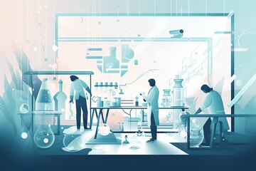 Poster - A Group Of People Working In A Lab With A Microscope And A Microscope Factory Animation Science Writing