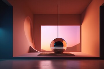 Poster - A Room With A Round Object Hanging From The Ceiling And A Round Object On The Floor Lunar Landscape Video Art Motion Graphics Generative AI 