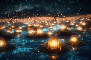 Poster - A Lot Of Lights Floating In The Water At Night Time With A Sky Background Lunar Landscape Animation Motion Graphics Generative AI 