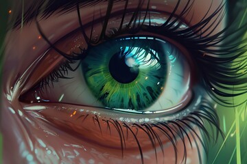 A Close Up Of A Green Eye With Long Eyelashes And A Green Background Marina Photorealism Digital Painting