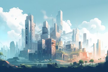 Poster - A City With Tall Buildings And A Sky Background With Clouds In The Sky Modern City Skyline In The Morning Environmental Art Cities Generative AI 