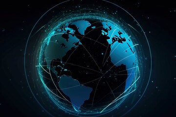 Poster - A Blue Globe With Lines And Dots Around It On A Dark Background Deep Sea Trench Animation Supply Chain Optimization Generative AI 