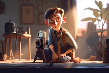 Poster - A Cartoon Character Sitting On The Floor With A Camera In Front Of Him Workshop Animation Animation Filmmaking
