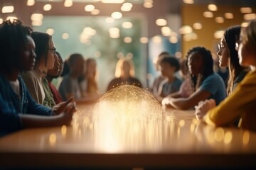 Poster - A Group Of People Sitting Around A Table With A Light Shining On It Conference Room Animation Diversity And Inclusion Generative AI 