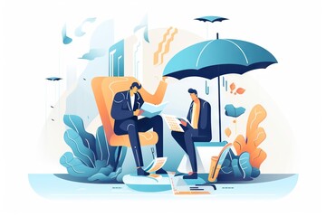 Poster - Two Men Sitting In A Chair Under An Umbrella In The Rain Law Office Graphic Design Portfolio Management Generative AI 