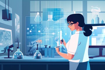 Poster - A Woman In A Lab Looking At A Computer Screen With A Beaker Workshop Animation Science Writing Generative AI 