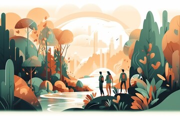 Poster - A Couple Of People Standing On Top Of A Lush Green Forest Rainforest Environmental Art Forestry Generative AI 