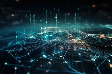 Poster - A Digital Image Of A Network Of Lines And Dots In Blue And Green Deep Sea Trench Panoramic Photography Supply Chain Optimization Generative AI 