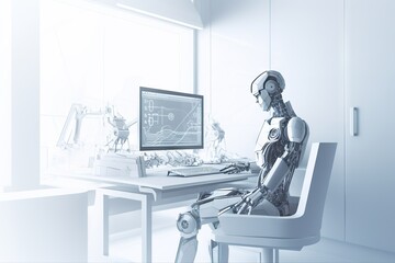 Poster - A Robot Sitting At A Desk In Front Of A Computer Monitor Workshop Animation Robotics Engineering Generative AI 