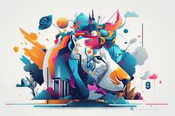 Poster - A Colorful Lion With A White Face And A Blue Tail And A Red Nose Zoo Typography Print Design Generative AI 