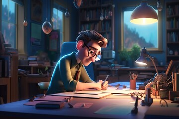 Poster - A Man Sitting At A Desk In Front Of A Lamp And A Book Law Office Animation Animation Filmmaking Generative AI 