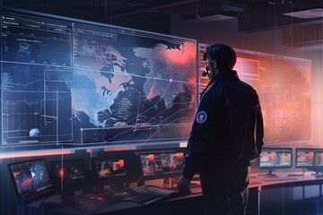 Poster - A Man Standing In Front Of A Large Display Of Monitors And Screens Military Base Animation Cybersecurity Generative AI 