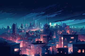 Poster - A Cityscape With A Lot Of Buildings And A Sky Line Modern City Skyline At Night Animation Cities Generative AI 