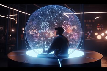 Poster - A Man Sitting In Front Of A Large Glass Ball With A Lot Of Stars Science Museum Animation Influencer Marketing Generative AI 
